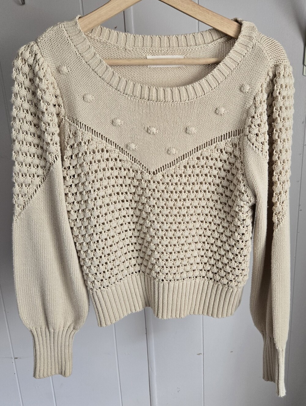Lucky Brand Cream Pointelle Bobble Knit Scoop Neck Sweater Women's S